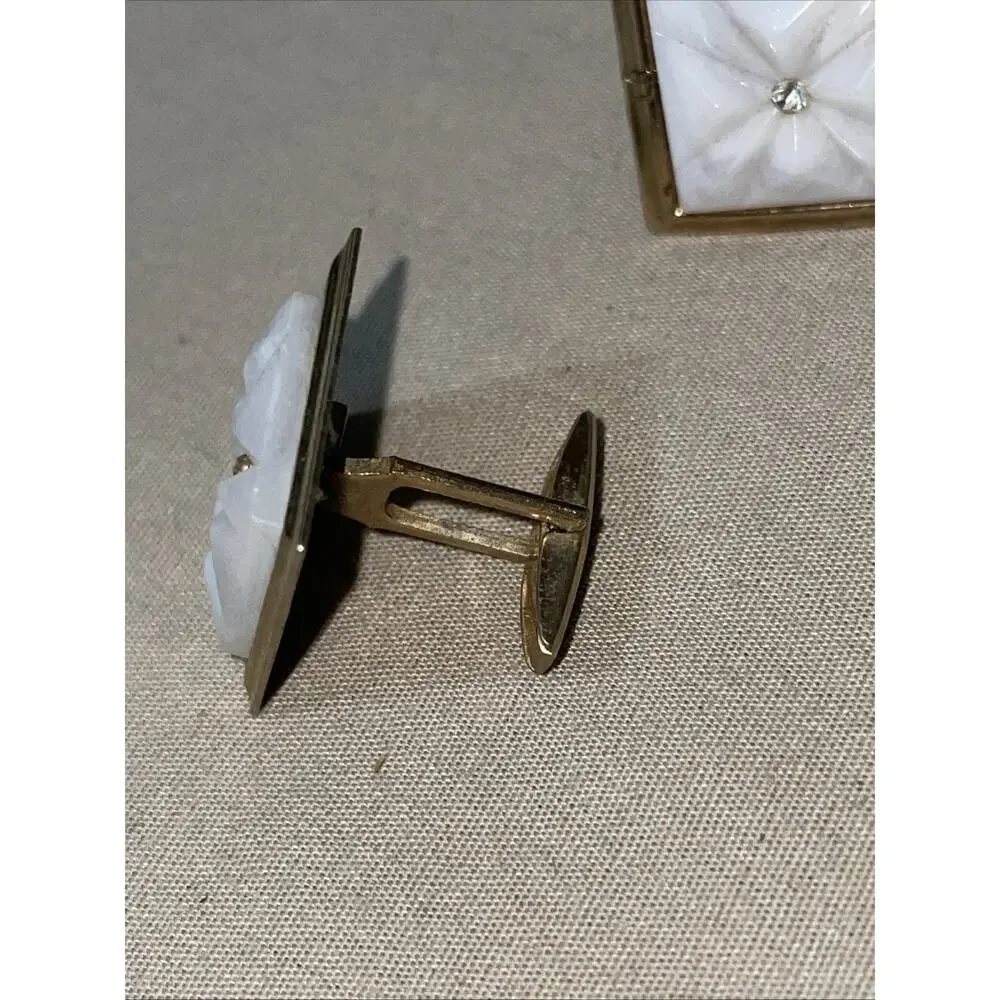 VTG Art Deco Cuff Links Mother of Pearl Rhinestone Gold Tone Square Faux Diamond
